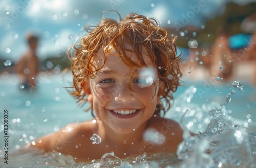 The image shows the back of a child’s head with curly hair, splashing in a pool on a sunny day © Vuk