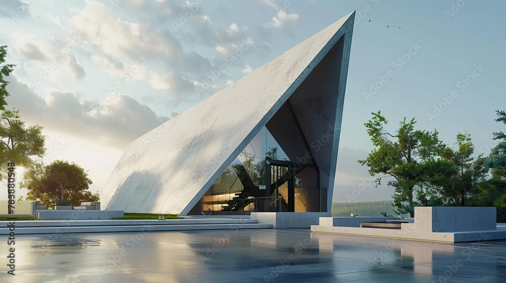 The photorealistic 3D rendering of the triangle-shaped building is an accurate embodiment of the architectural concept, allowing you to see every detail and texture with a high degree of realism.