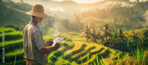 farmer use tablet in the ricefield. farming wtih technology concept bacground