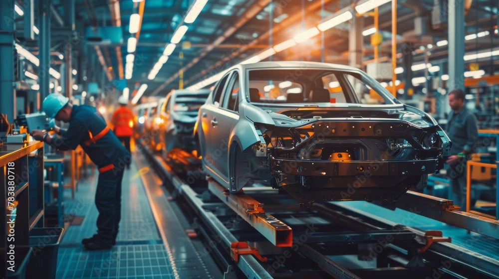 Precision and efficiency at play in an automobile assembly line with workers and robotic systems Precision and efficiency at play in an automobile assembly line with workers and robotic systems