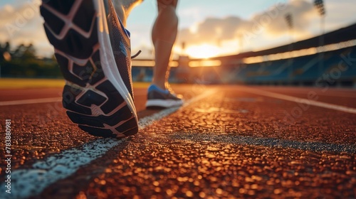 close-up of the shoes of a woman running backwards on a running track in a photo
