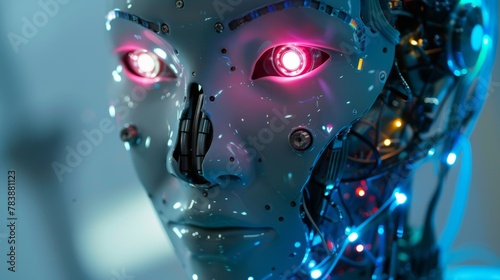 Close-up of a robot's face, color sensors glowing brightly as it processes data photo