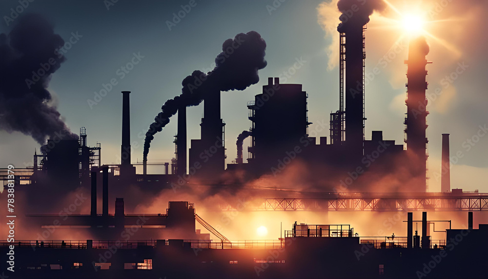 Industrial sunset scene with silhouetted structures and smoke, highlighting environmental impact