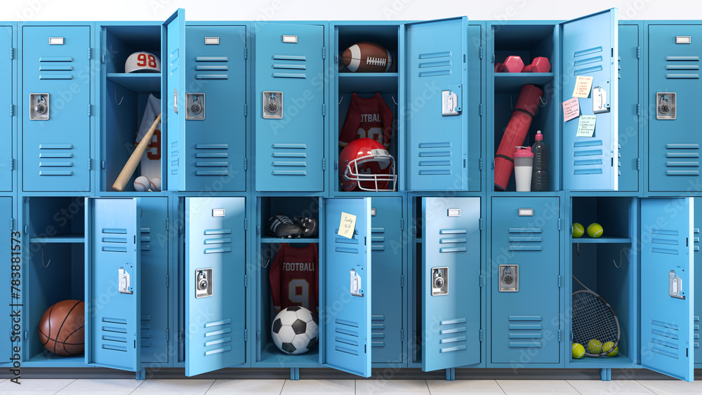 Kind of sports concept. School lockers with open doors and sports equipment, items and accessories for sports. - obrazy, fototapety, plakaty 