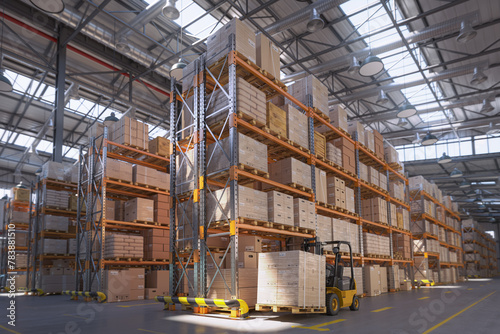 Retail warehouse full of shelves with cardboard boxes and packages. Logistics, storage, and delivery industrial background. 3d illustration