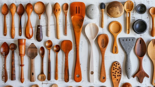 Artistic array of eco-friendly spoons and spatulas, recycled materials shining in new product glory