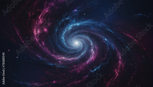 Abstract vector illustration with a cosmic theme, showcasing swirling galaxies and twinkling stars in shades of midnight blue, magenta, and silver.
