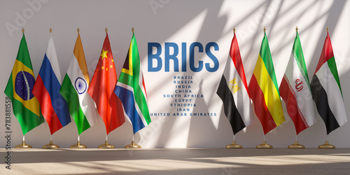 BRICS summit or meeting concept. Row from flags of all members of BRICS list of countries.