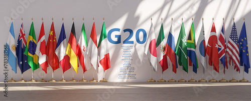 G20 summit or meeting concept. Row from flags of all members of G20 Group of Twenty and list of countries.