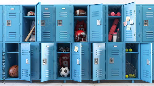 Kind of sports concept. School lockers with open doors and sports equipment, items and accessories for sports.