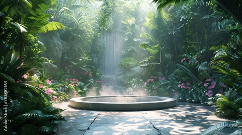 Lush rainforest stage with tropical flowers and waterfall