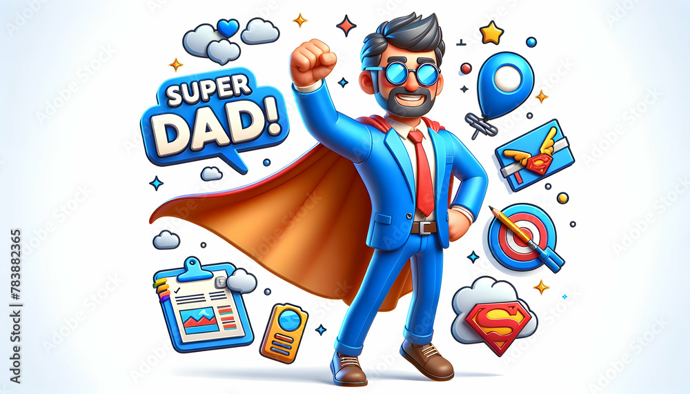 Super Dad: A 3D Icon Comic Book-Style Poster of a Dad as a Superhero, Showcasing Everyday Heroics for Father's Day, Isolated on White Background - obrazy, fototapety, plakaty 