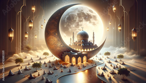 Photo ultra realistic as New Moon Beginnings: A poster depicting the new moon signifying the start of the Hijri year in Islamic New Year Day posters theme