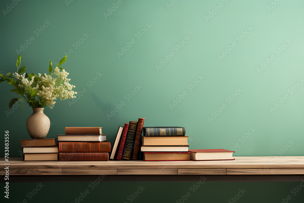 Empty wooden table surface with pile of books over green background