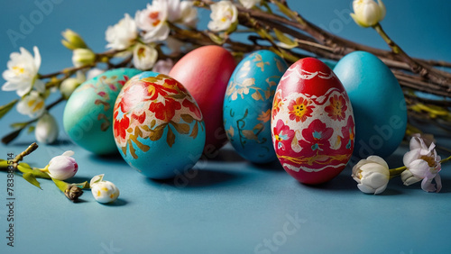 Multi-colored painted Easter eggs on a blue background with willow branches and flowers