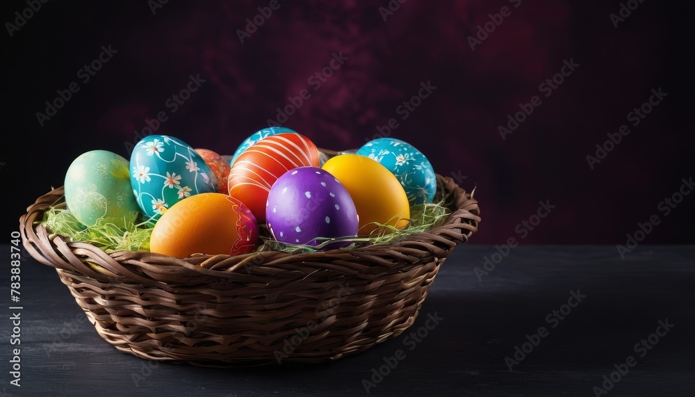 A rustic wicker basket overflows with richly decorated Easter eggs, each boasting unique floral patterns on a moody backdrop.