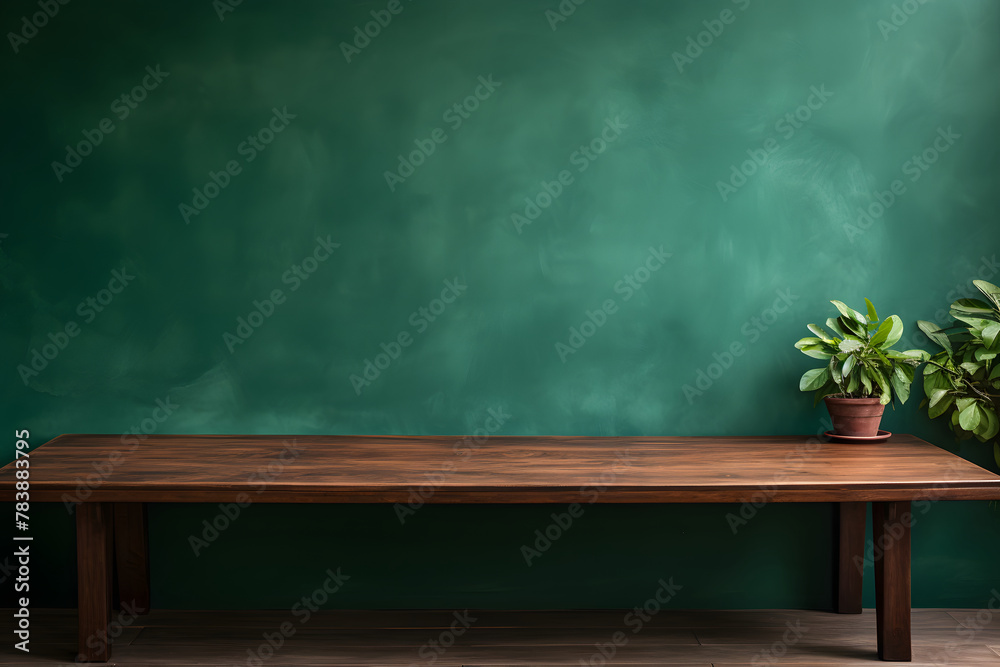 Empty wooden table with green plant over a green wallpaper background Empty wooden table with green plant over a green wallpaper background