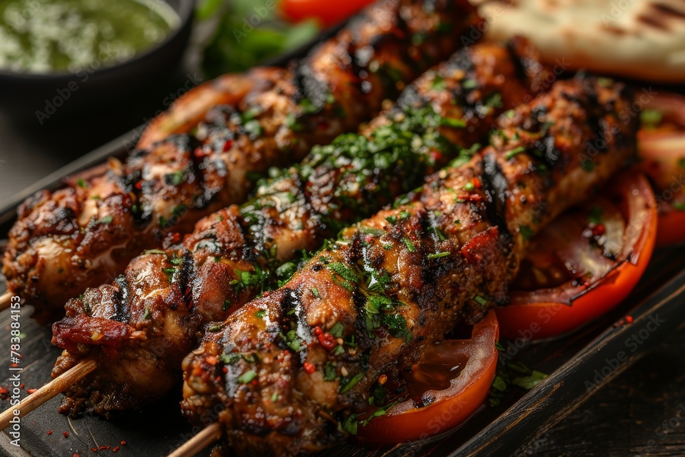 Fried meat, shish kebab on a grill on a skewer, a tasty but not healthy delicacy, with grilled vegetables and pita bread from the oven, pork steak