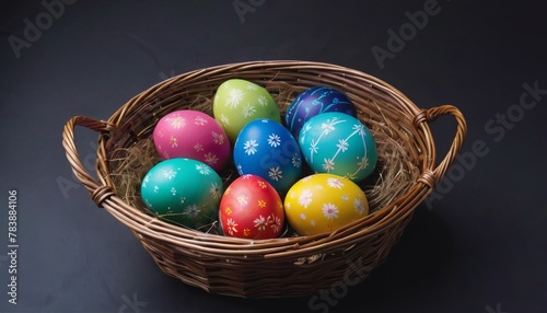 A festive array of intricately decorated Easter eggs nestled in straw within a traditional wicker basket, set against a dark background.