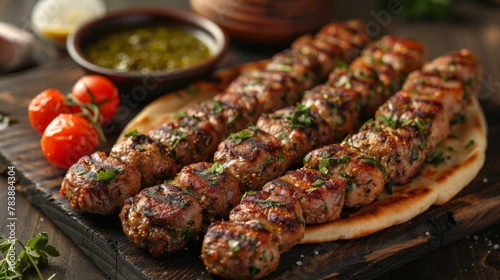Fried meat, shish kebab on a grill on a skewer, a tasty but not healthy delicacy, with grilled vegetables and pita bread from the oven, pork steak photo