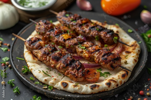 Fried meat  shish kebab on a grill on a skewer  a tasty but not healthy delicacy  with grilled vegetables and pita bread from the oven  pork steak