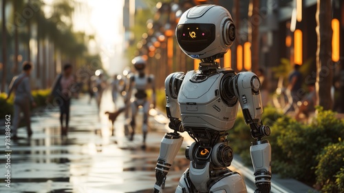 A robot explores a bustling urban park, blending futuristic tech with everyday life