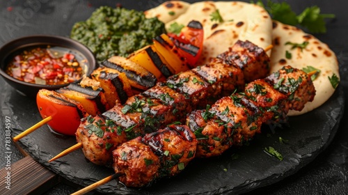 Fried meat, shish kebab on a grill on a skewer, a tasty but not healthy delicacy, with grilled vegetables and pita bread from the oven, pork steak