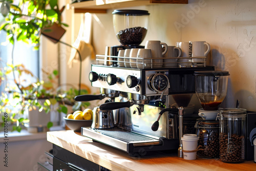 A coffee shop with a coffee maker and a variety of coffee cups and mugs