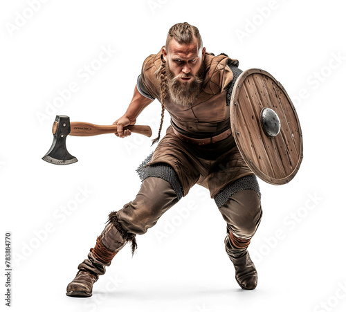 Viking warrior ready to attack with an axe, isolated background