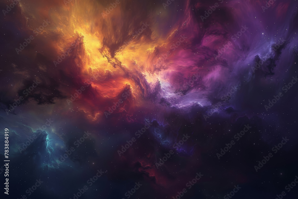 A colorful space scene with a mix of red, yellow, and blue clouds