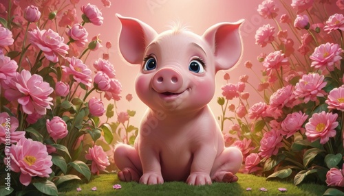 An adorable piglet smiles in a lush field of vibrant pink flowers, capturing a whimsical scene.