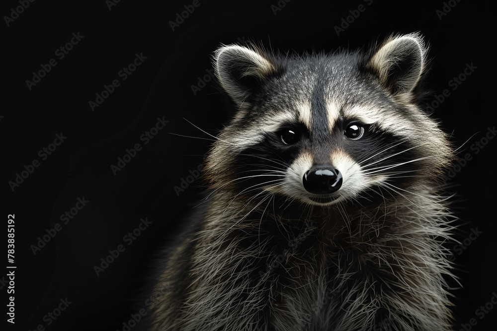 A raccoon is walking on a black background