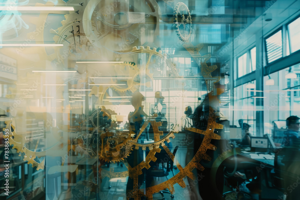 A blurry image of a room with a large clock in the center