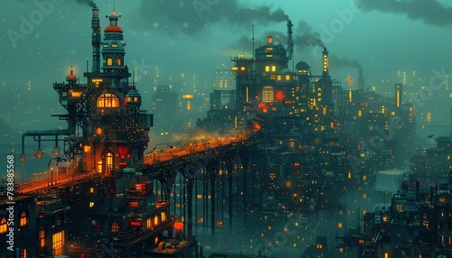 Craft a dreamlike urban environment that defies conventional perspectives Experiment with pixel art to create a whimsical cityscape filled with unexpected angles and quirky architecture Let the viewer
