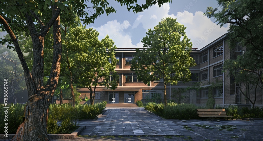 a building with a lot of windows and trees in front of it a building with a lot of windows and trees in front of it