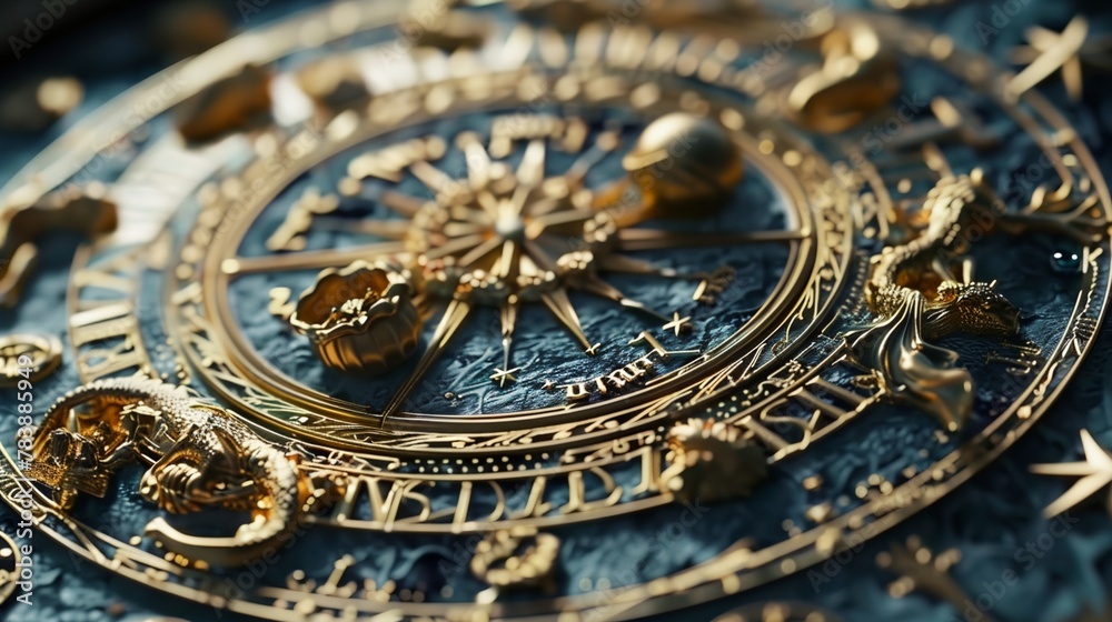 a close up of a blue and gold clock