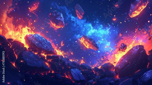 Vivid space scene with floating rocks and fire