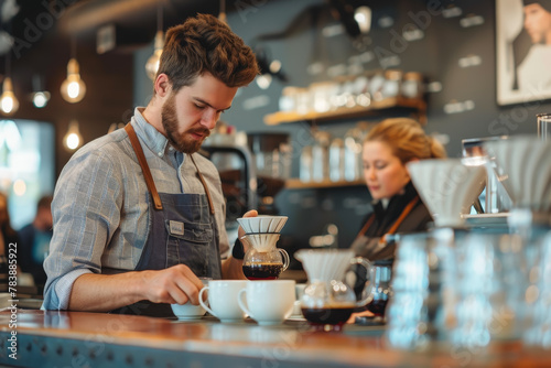 A man is making coffee at a coffee shop. The barista is wearing an apron and is pouring coffee into a cup. There are several cups and glasses on the counter, and a few people are sitting at tables