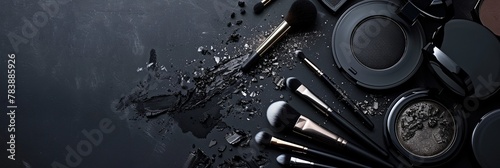 a collection of makeup brushes and eye shadows on a black surface photo