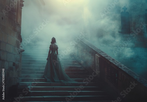 a woman in a long dress standing on a set of stairs in a foggy area photo