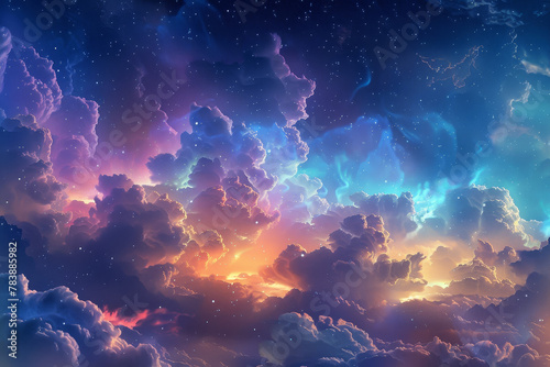 A colorful sky with clouds and stars. The sky is filled with a variety of colors  including blue  purple  and orange. The clouds are fluffy and spread out across the sky  creating a sense of depth