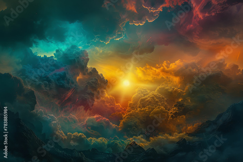 A colorful sky with a sun shining through the clouds. The sky is filled with clouds of different colors, creating a vibrant and dynamic scene. The sun is positioned in the middle of the sky photo