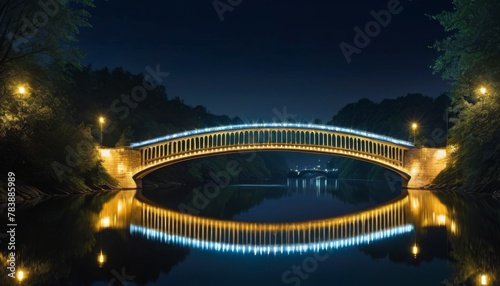 The majestic arch of a bridge illuminated at night, reflecting gracefully on the glassy surface of the river
