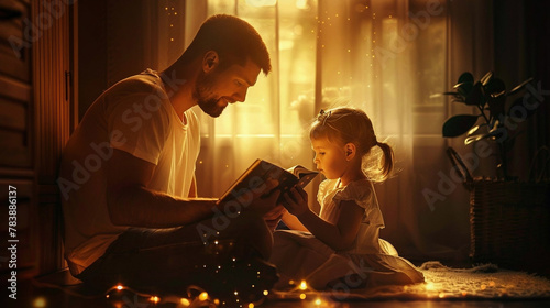 Father and daughter spend time together reading a book