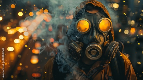 a man wearing a gas mask and a yellow jacket
