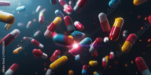 A dynamic scene of multicolored medication capsules floating in a dark, reflective space, representing the diversity of modern medicine.