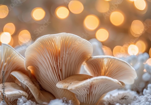 Close-up of mushroom gills with a backdrop of warm golden bokeh lights, creating a cozy and inviting winter scene.