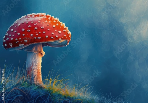 A vivid red mushroom with white spots stands out in an enchanted forest setting, creating a mystical and fairy-tale-like atmosphere.