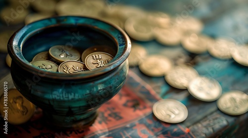 a blue vase filled with lots of coins photo