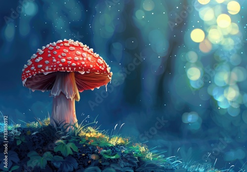 A captivating illustration of an Amanita mushroom in a mystical setting, surrounded by enchanting bokeh light effects.